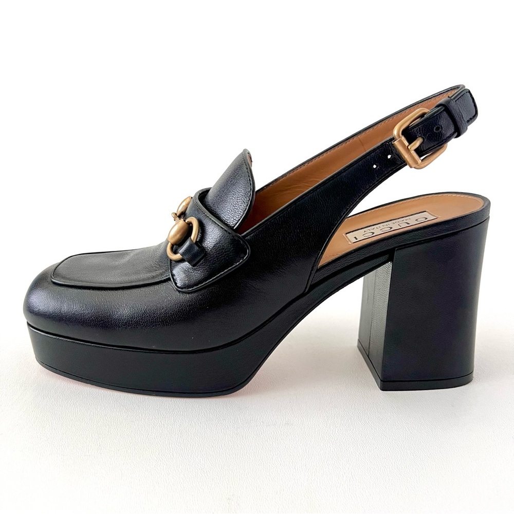 GUCCI | Horsebit SlingBack Retro Chunky Platform Loafers Black Leather EU 38 - Picture 2 of 13